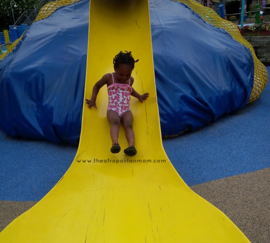 sliding down a slide at sesame place