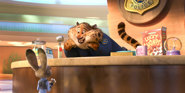 ZOOTOPIA – Pictured (L-R): Judy Hopps & Clawhauser. ©2016 Disney. All Rights Reserved.