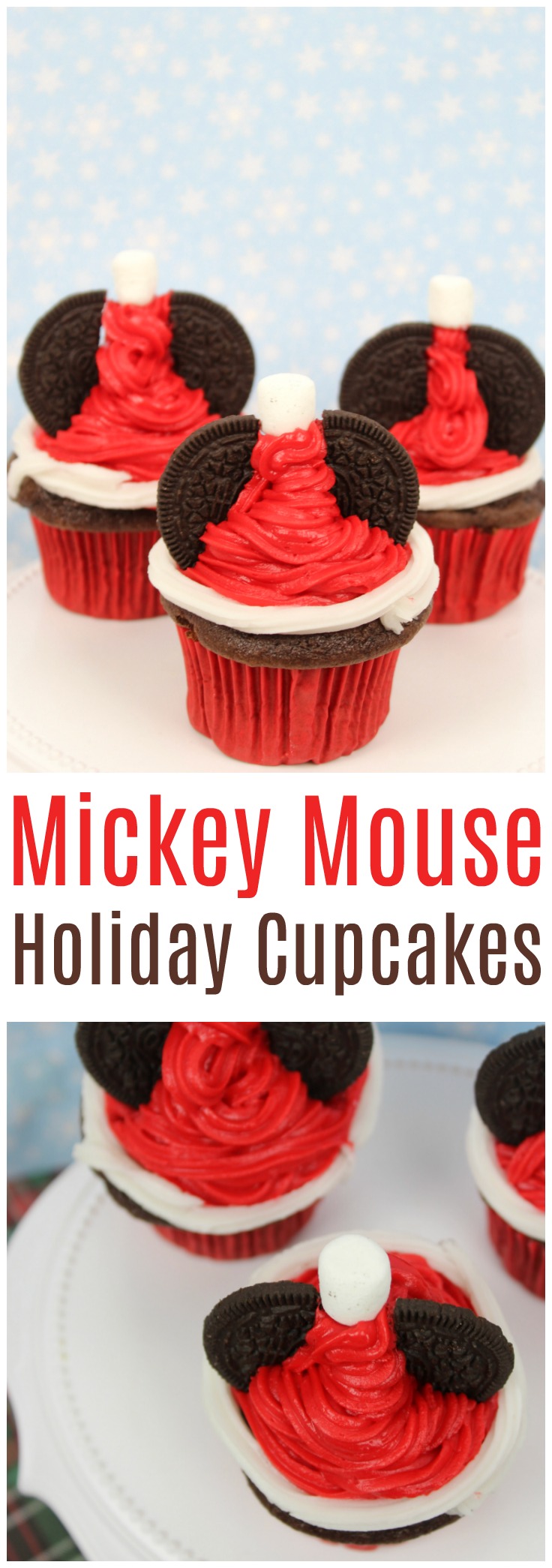 Mickey Mouse Holiday Cupcakes - These are so adorable and easy to make. A fun way to bring the joy of Disney home this Holiday with this Santa hat cupcakes.